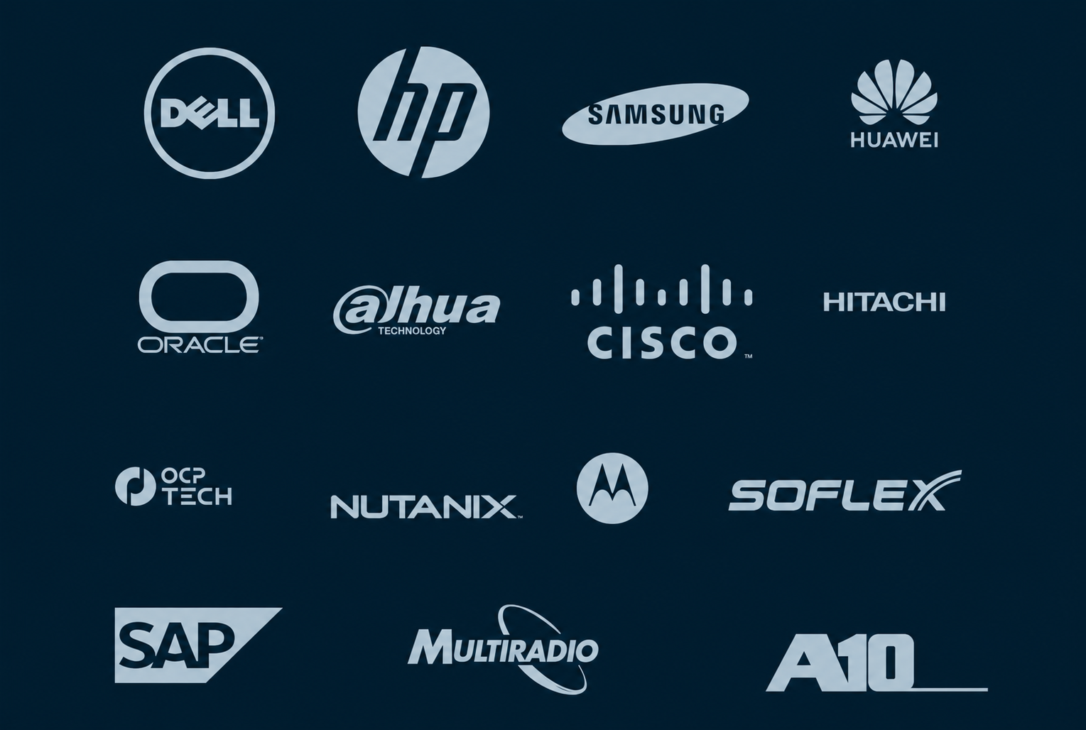 Logos de partners de Z·dos: Dell, HP, Samsung, Huawei, Oracle, Dahua, Cisco, Hitachi, OCP Tech, Nutanix, Motorola, Soflex, SAP, Multiradio, A10